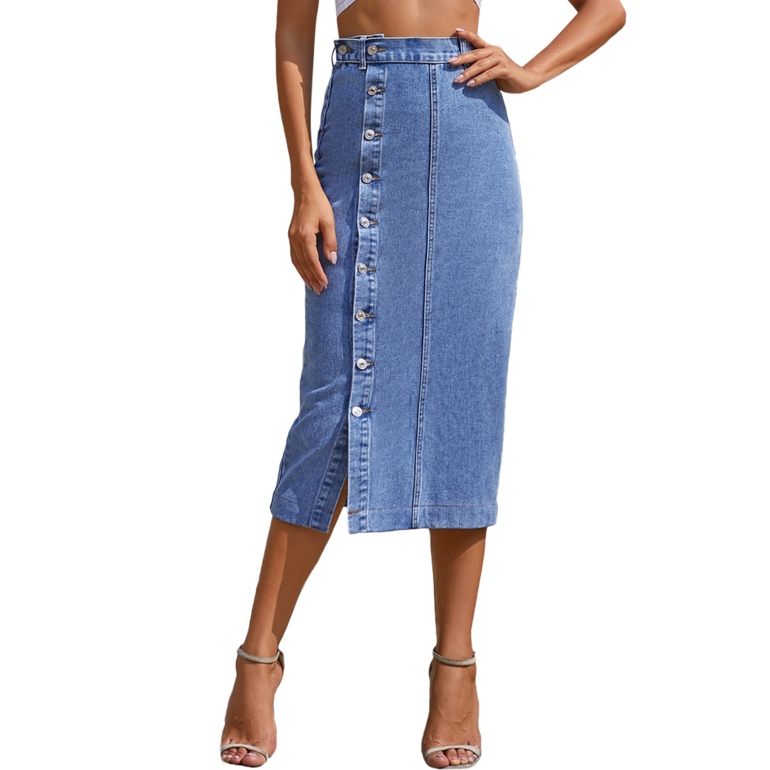 Button Up High Rise Denim Skirt